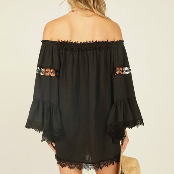 SURF GYPSY | BLACK GAUZE CROTCHET KIMONO DRESS MINI | OFF SHOULDER | M - Picture 3 of 6